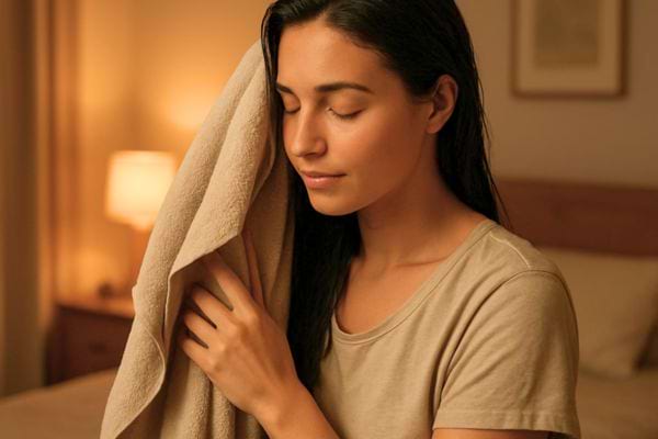 jeune femme aux yeux fermes presse une serviette contre ses cheveux humides dans une chambre