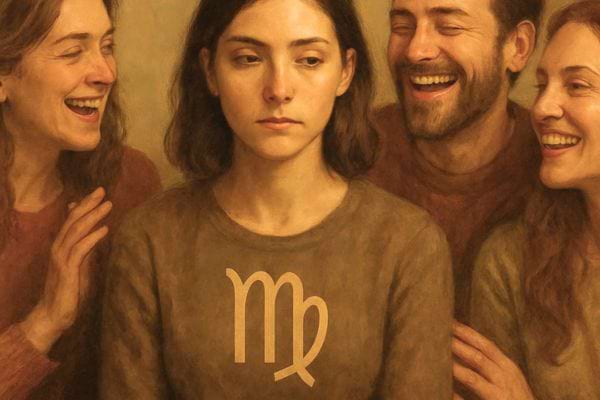 Jeune femme au centre avec symbole vierge sur son haut entouree de personnes qui rient tandis qu elle reste serieuse.