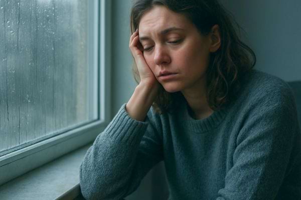 femme appuyee contre une fenetre pluvieuse avec air melancolique