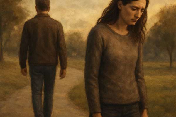 Une femme baisse la tete tandis qu un homme s eloigne sur un chemin brumeux.