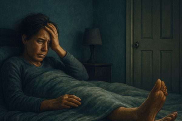 Femme assise dans son lit la nuit tenant sa tete air preoccupe dans une chambre sombre.