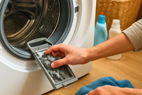 main nettoyant le filtre dune machine a laver rempli de bourre et peluches