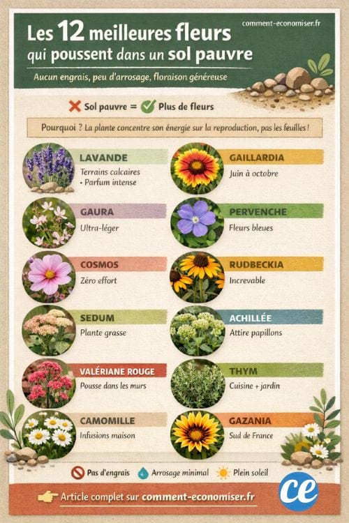 Infographie des 12 meilleures fleurs pour sol pauvre : lavande, gaillardia, cosmos, sedum et autres variétés résistantes.