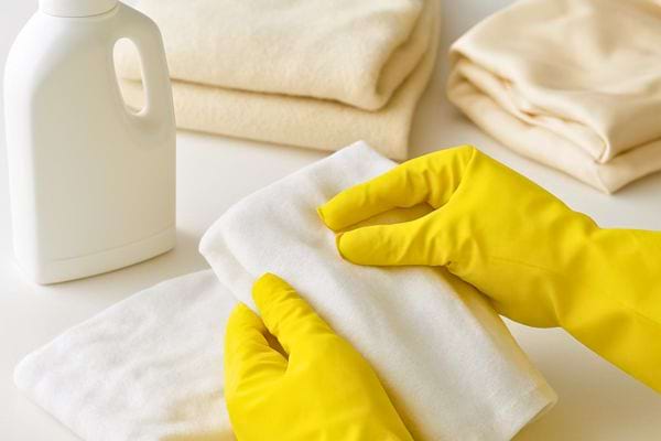 Des mains avec gants jaunes plient un linge blanc pres de lessive et serviettes.