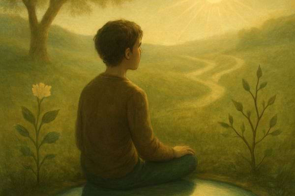 Un garcon assis regarde un paysage lumineux avec un chemin qui serpente vers le soleil.