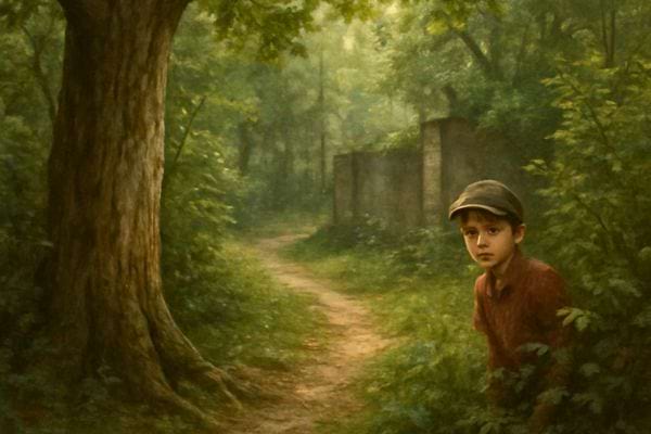 Un jeune garcon regarde vers le chemin dans une foret verte et calme