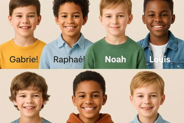 Portrait de plusieurs garcons souriants avec leurs prenoms affiches