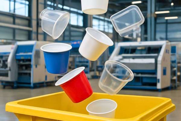 gobelets plastiques tombant dans un bac jaune dans un environnement industriel