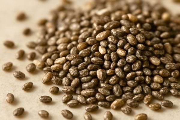 gros plan sur un tas de graines de chia sechees posees sur une surface claire