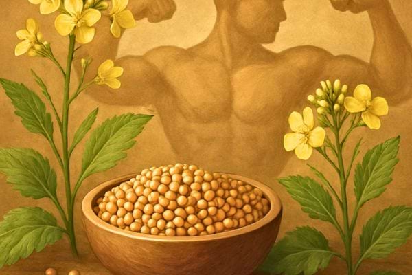 illustration de graines de moutarde avec plante fleurie et silhouette musculaire en fond