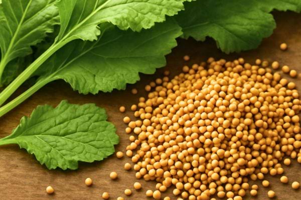 tas de graines de moutarde avec feuilles vertes fraiches posees sur une surface en bois