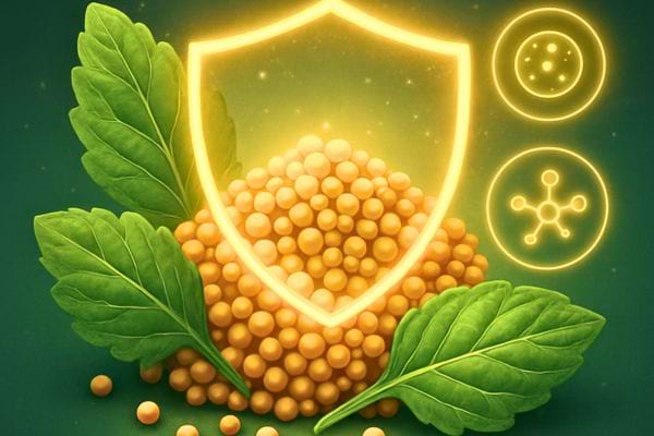 illustration de graines de moutarde avec feuilles vertes et symbole de bouclier protecteur