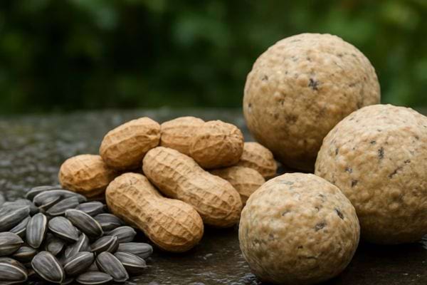 des graines de tournesol des arachides et des boules de graisse sont posees sur une table