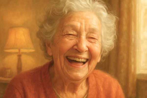 portrait dune femme agee riant chaleureusement dans une piece eclairee