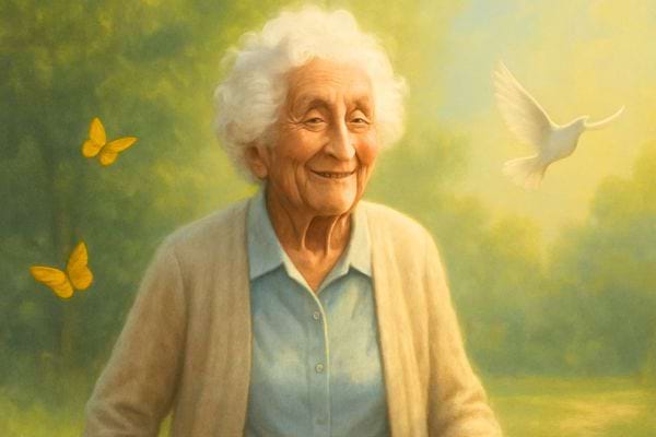 une femme agee sourit dans un decor verdoyant avec papillons et oiseau blanc en arriere plan