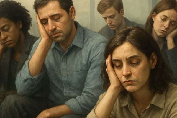 plusieurs adultes assis la tete appuyee sur la main avec expressions abattues