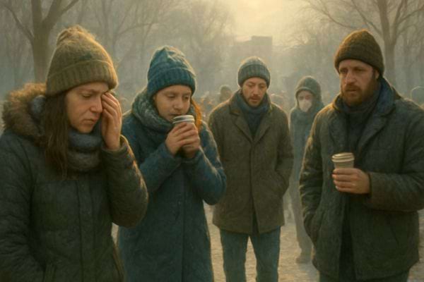 groupe de personnes en manteaux et bonnets marchant dans un decor hivernal brumeux