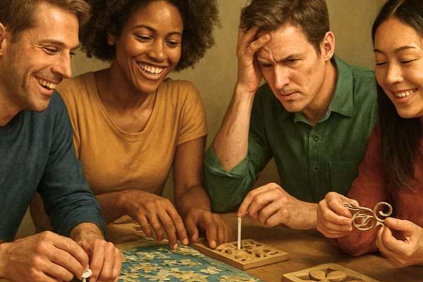 groupe damis essayant de resoudre une enigme ou un jeu de logique autour dune table en bois