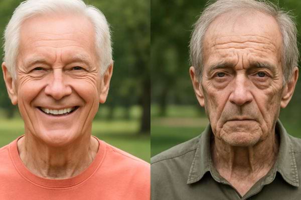 comparaison entre un homme age souriant et un autre a lexpression fatiguee