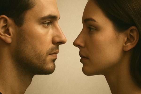 Un homme et une femme se regardent de profil tres proches