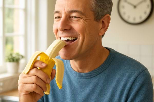 homme souriant mangeant une banane epluchee dans une cuisine lumineuse le matin