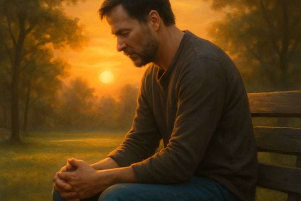 homme assis sur un banc au coucher du soleil air pensif et melancolique