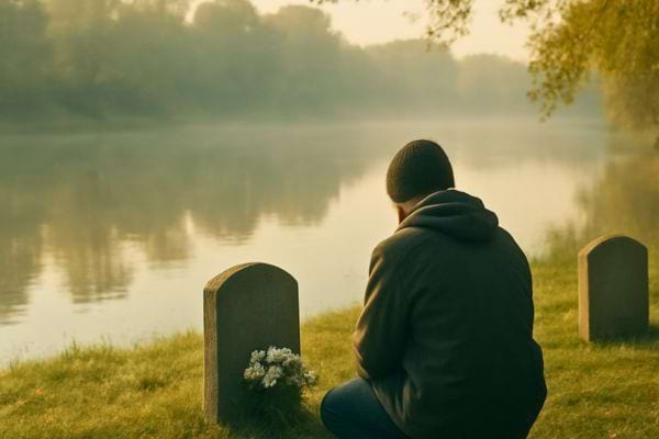 homme assis devant une tombe pres dun lac au lever du jour dans une atmosphere calme et melancolique