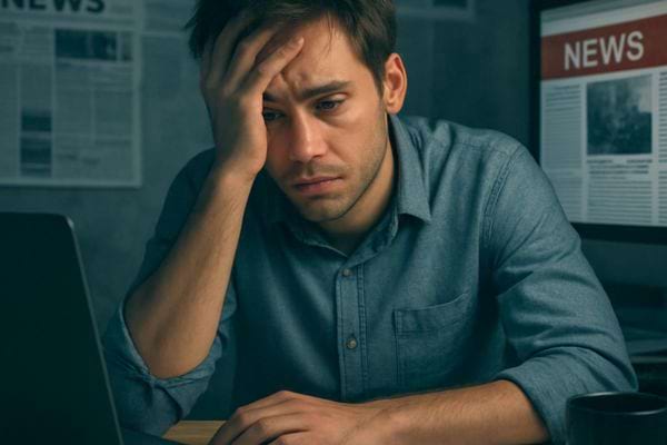 homme preoccupe devant un ordinateur avec ecran affichant des actualites