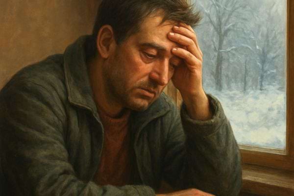 homme assis pres dune fenetre enneigee tenant sa tete avec expression fatiguee