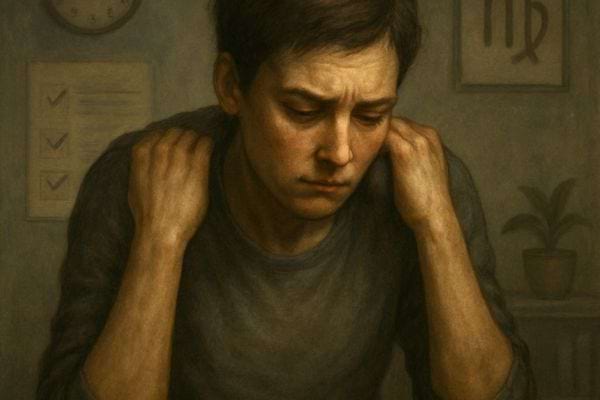 Homme assis penche en avant tenant ses epaules avec un regard sombre dans une piece aux tons chauds.