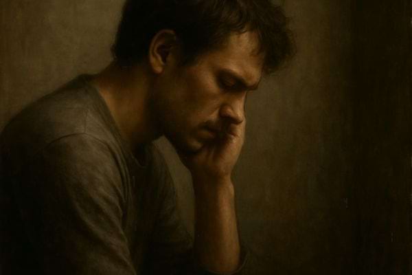 Homme assis tete baisse dans une ambiance sombre