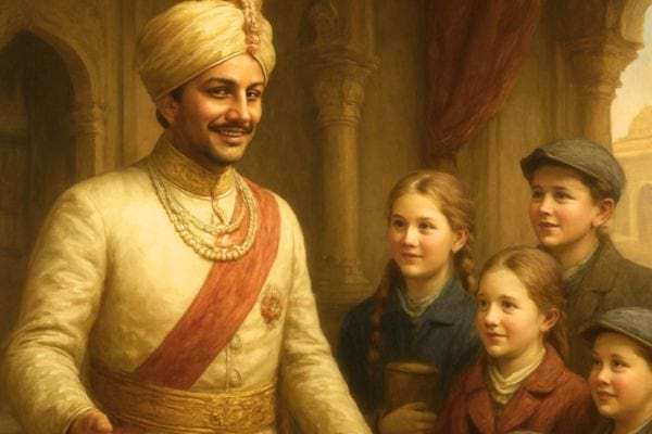 un homme en tenue traditionnelle richement habillee parle a des enfants dans un decor ancien