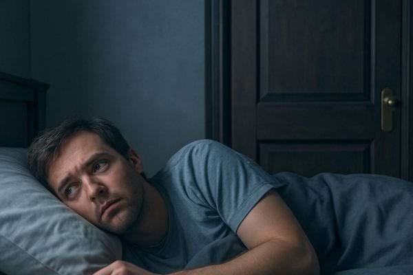 Homme allonge dans un lit sombre regard inquiet vers la porte dans une chambre peu eclairee.