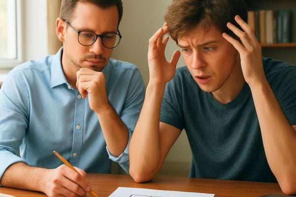 deux hommes concentrés analysent un document avec un air inquiet et pensif autour dune table