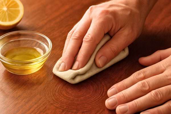 main lustrant un meuble en bois avec chiffon et melange huile et citron