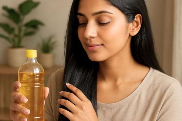 femme tenant une bouteille dhuile de moutarde pres de ses cheveux pour soin capillaire