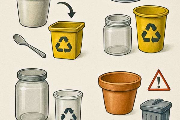 dessin montrant bocaux pots et bacs de recyclage avec symboles et fleches