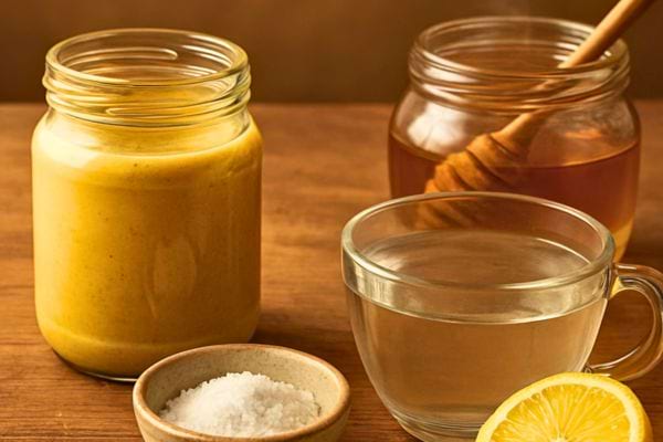 pots de moutarde miel citron eau chaude et sel disposes sur une table en bois