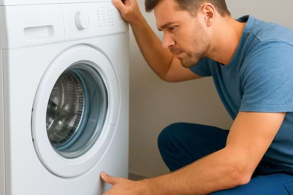 homme accroupi examinant un lave linge comme sil cherchait lorigine dune panne
