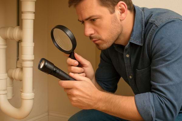 homme utilisant une loupe pour verifier les tuyaux et raccords sous un evier