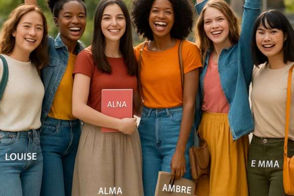 Groupe de jeunes femmes souriantes avec leurs prenoms ecrits