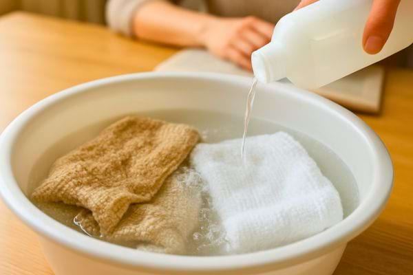 Une personne verse du liquide dans une bassine ou trempent deux linges.