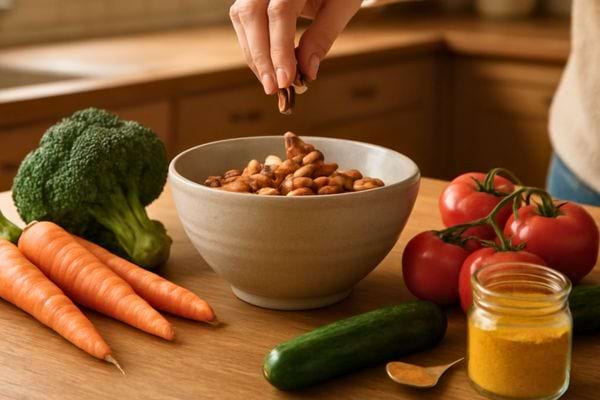 main ajoutant des legumes et epices dans un bol avec brocoli carottes tomates et concombre sur un plan de travail