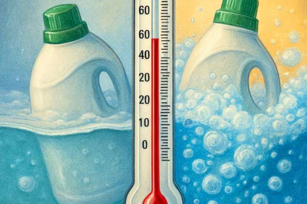 Deux bidons de lessive sont montres avec un thermometre indiquant temperature de lavage.