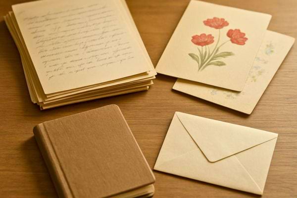 lettres manuscrites cartes illustrees carnet et enveloppe disposes sur une table en bois chaleureux