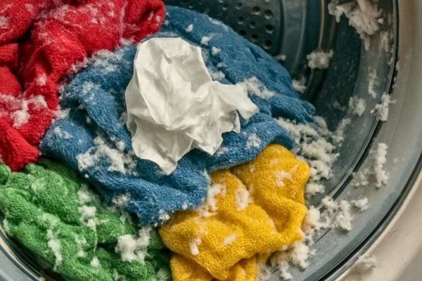 linge colore dans tambour couvert de residus de papier apres lavage