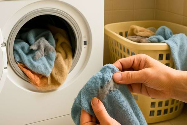 serviettes avec peluches dans machine et main montrant tissu tache devant panier a linge