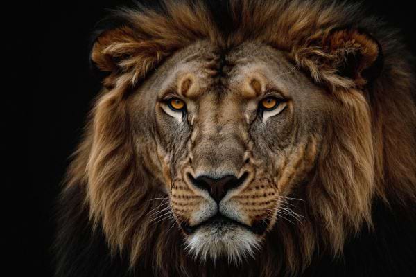 portrait serre dun lion regard intense sur fond noir