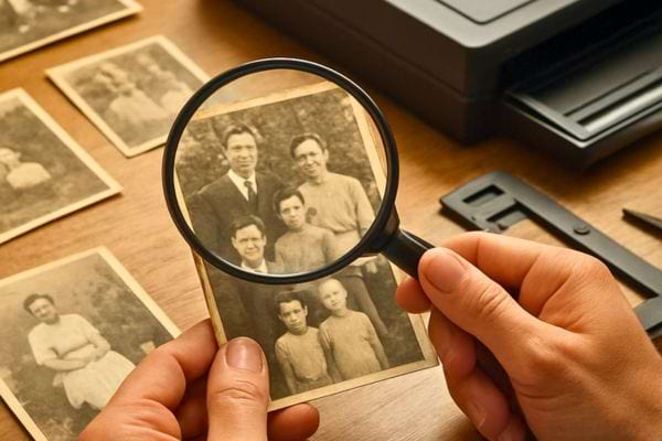 Une personne observe une ancienne photo de famille avec une loupe sur un bureau.