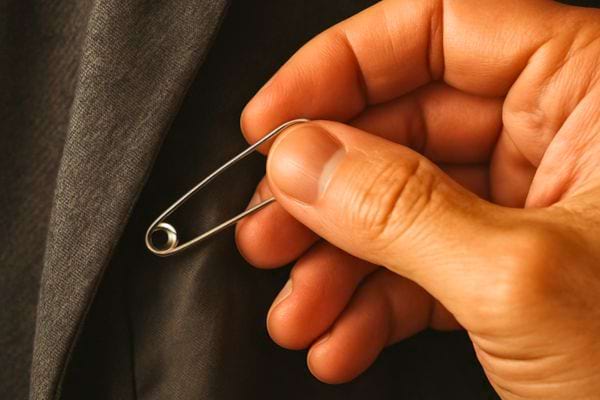 Une main tient une epingle de surete pres dun vetement sombre